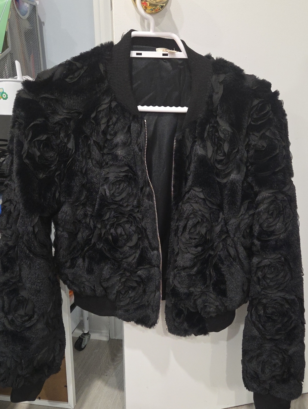 Black Floral Faux Fur Bomber Jacket - Women